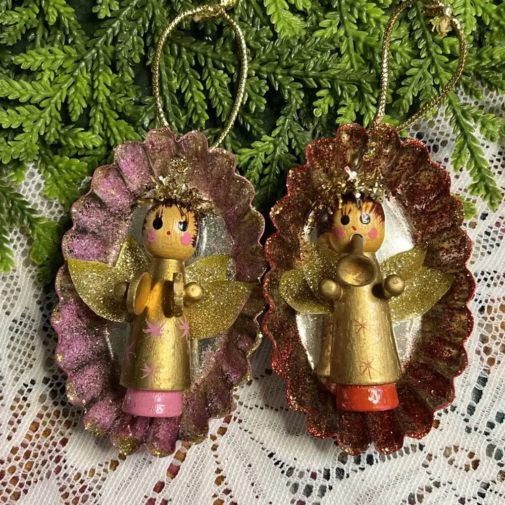 Vintage Oval Tart Tins + Pink Red Gold Angels Diorama Mid Century Ornaments
